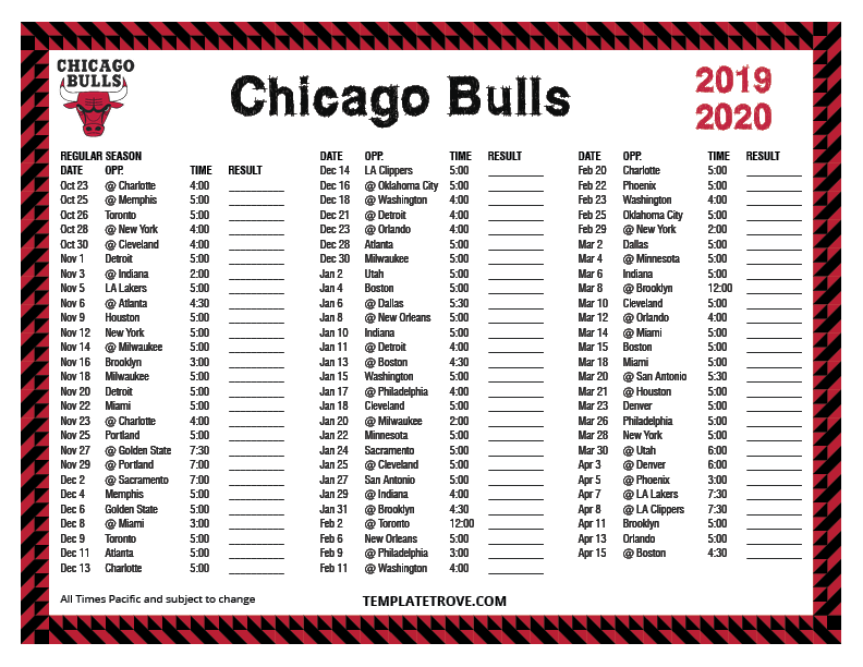 Printable 2019-2020 Chicago Bulls Schedule