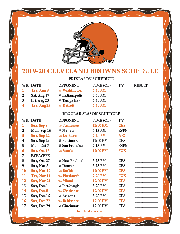 Printable 2019-2020 Cleveland Browns Schedule