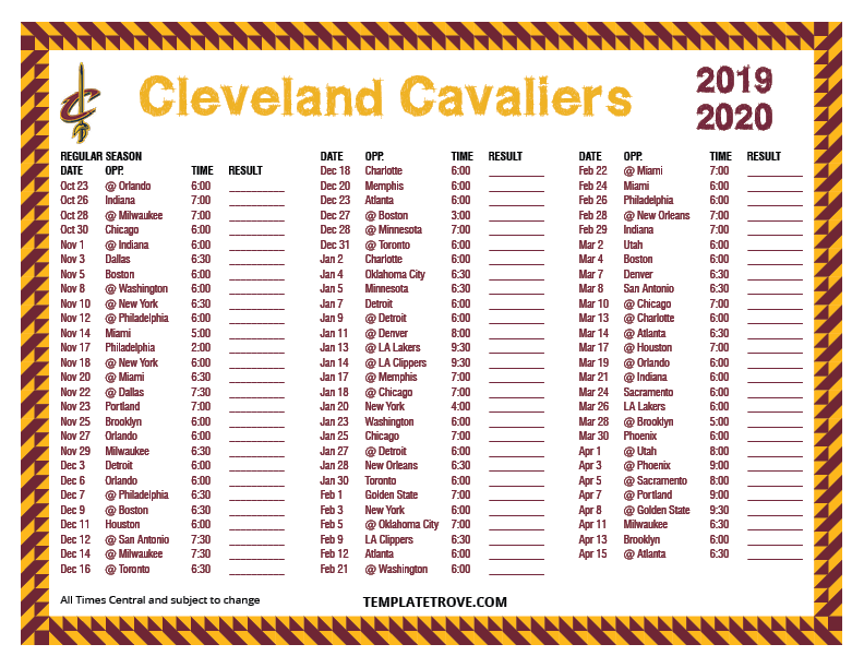 Printable 2019-2020 Cleveland Cavaliers Schedule
