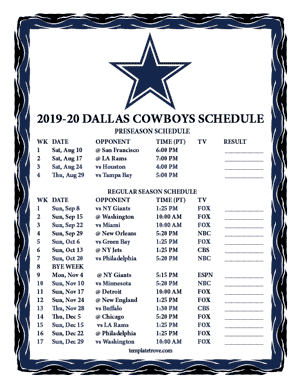 Dallas Cowboys 2019-20 Printable Schedule - Pacific Times