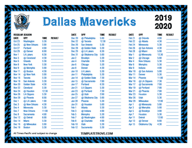 Dallas Mavericks 2019-20 Printable Schedule - Pacific Times