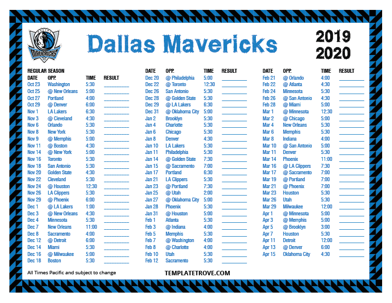 2019 2020 Printable Dallas Mavericks Schedule Pacific Times 