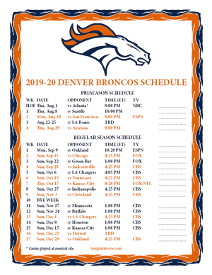 Denver Broncos 2019-20 Printable Schedule