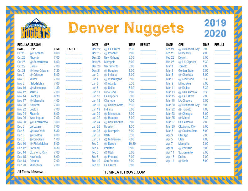 Printable 2019 2020 Denver Nuggets Schedule