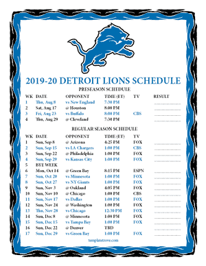 Detroit Lions 2019-20 Printable Schedule