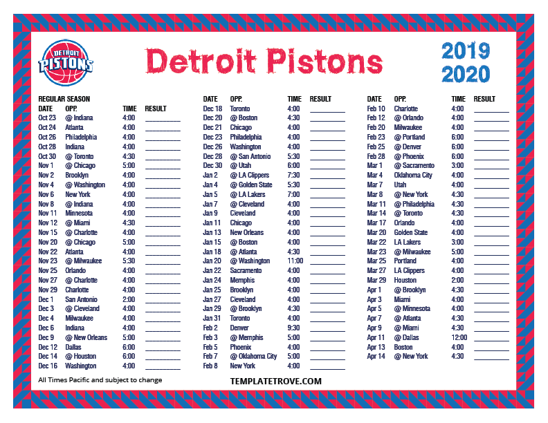 Printable 2019-2020 Detroit Pistons Schedule