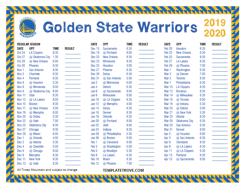 Printable 20192020 Golden State Warriors Schedule