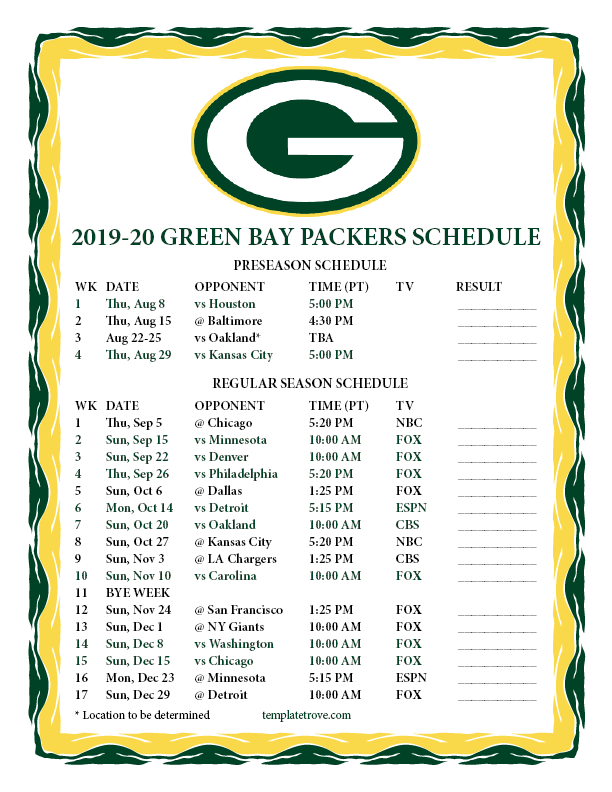 Printable 2019-2020 Green Bay Packers Schedule