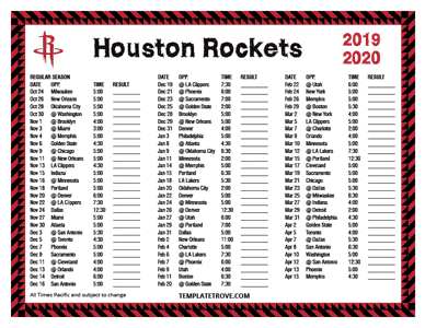 Houston Rockets 2019-20 Printable Schedule - Pacific Times
