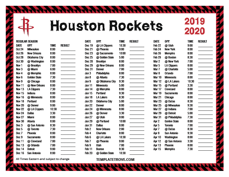 Printable 20192020 Houston Rockets Schedule