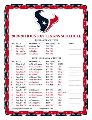 Houston Texans 2019-20 Printable Schedule
