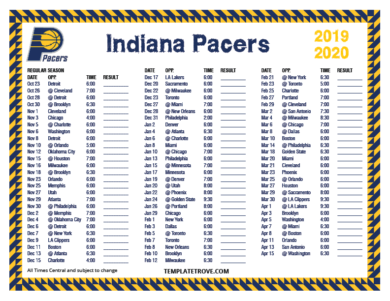 Printable 20192020 Indiana Pacers Schedule