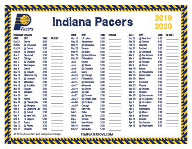 Indiana Pacers 2019-20 Printable Schedule - Mountain Times