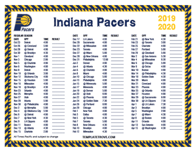 Indiana Pacers 2019-20 Printable Schedule - Pacific Times