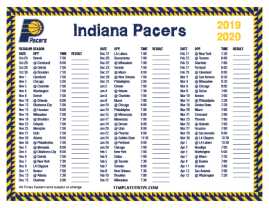 Indiana Pacers 2019-20 Printable Schedule