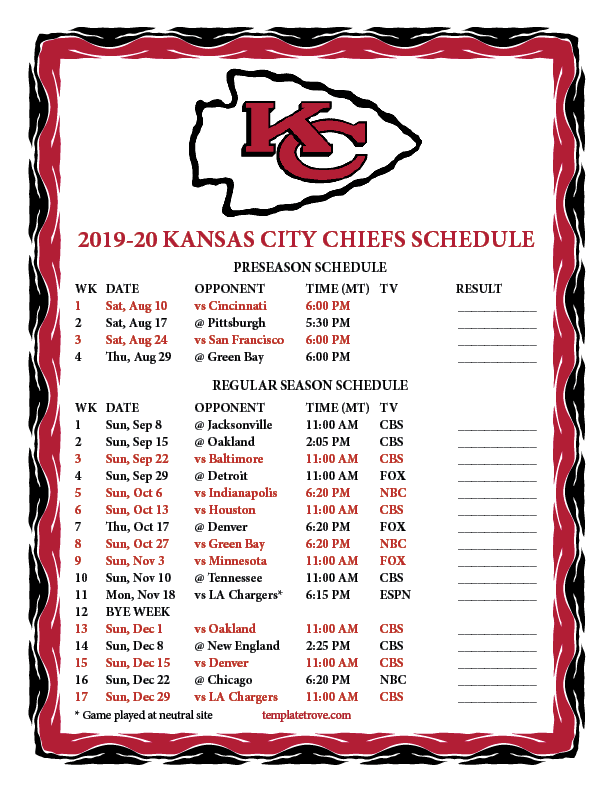 Chiefs 2019-2020 Printable Schedule