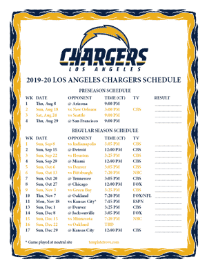 Los Angeles Chargers 2019-20 Printable Schedule - Central Times