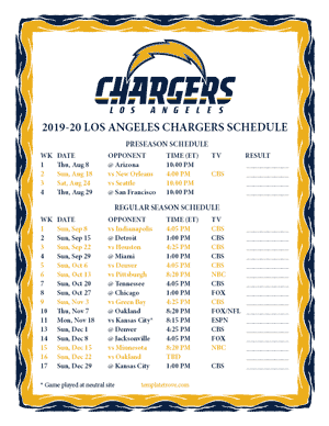Los Angeles Chargers 2019-20 Printable Schedule