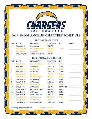 Los Angeles Chargers 2019-20 Printable Schedule - Pacific Times