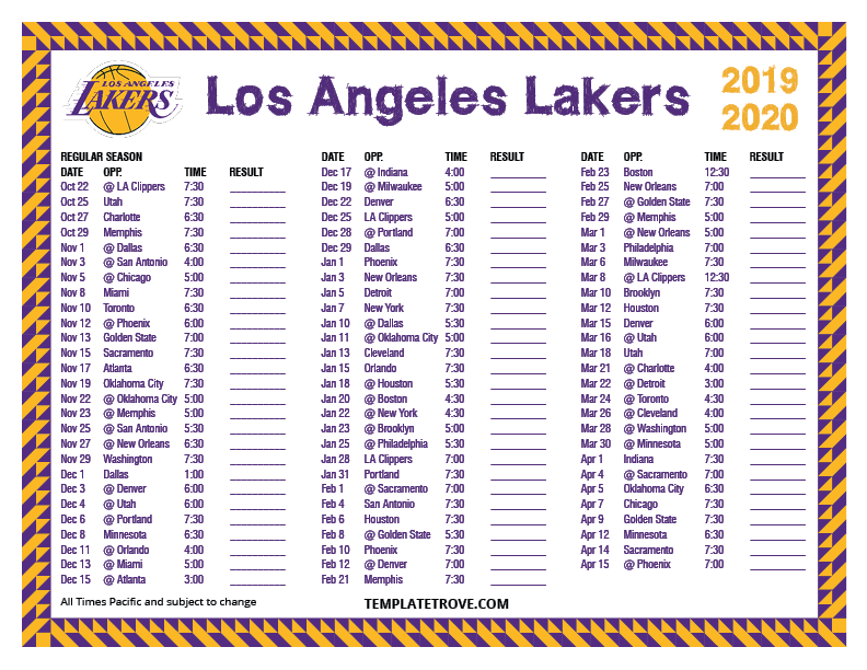 Lakers Schedule 2022 2023 Printable 2019-2020 Los Angeles Lakers Schedule