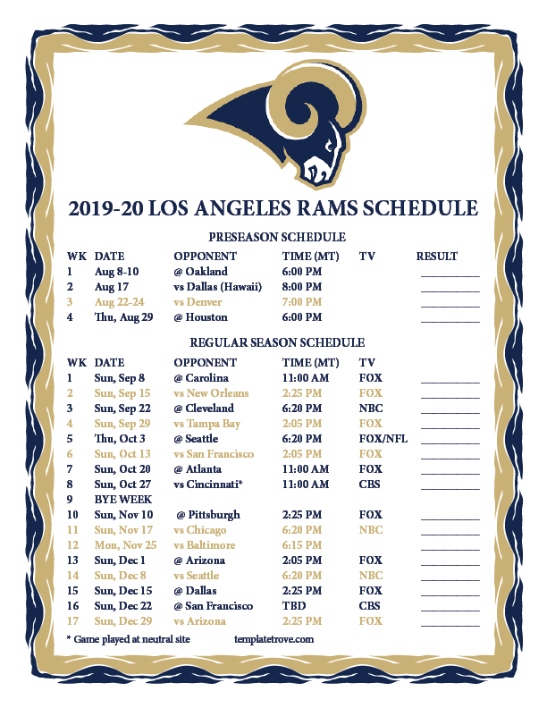 Printable 20192020 Los Angeles Rams Schedule