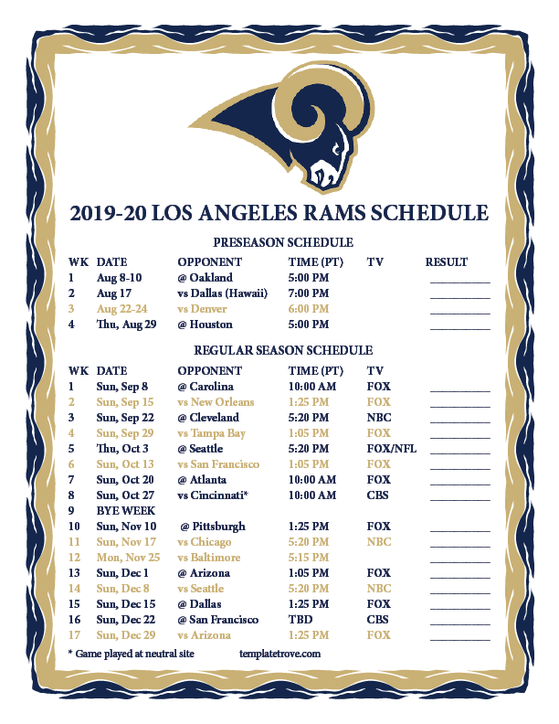 La Rams Schedule 2022 Printable Printable 2019-2020 Los Angeles Rams Schedule