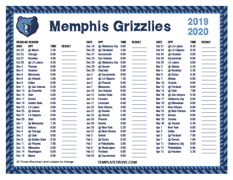 Memphis Grizzlies Schedule 2022 23 Printable 2019-2020 Memphis Grizzlies Schedule