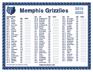 Memphis Grizzlies 2019-20 Printable Schedule - Pacific Times