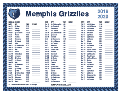 Memphis Grizzlies 2019-20 Printable Schedule