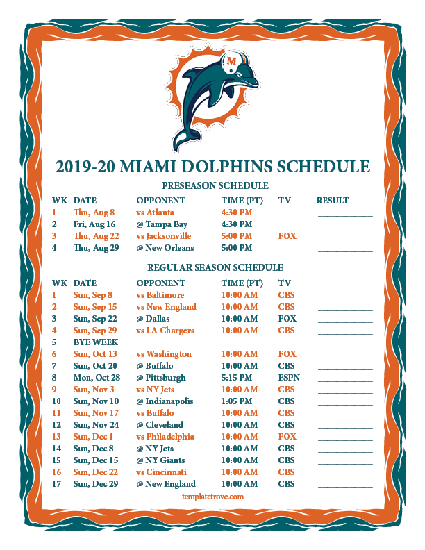 Printable 20192020 Miami Dolphins Schedule