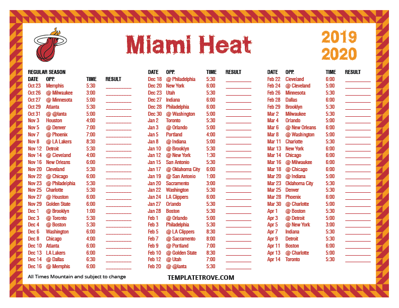 Miami Heat Schedule 2022 Printable 2019-2020 Miami Heat Schedule