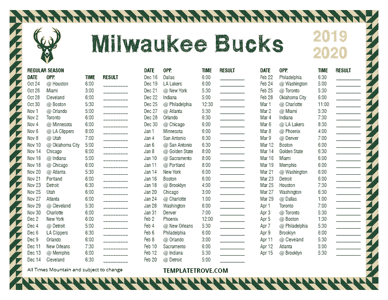 Milwaukee Bucks 2019-20 Printable Schedule - Mountain Times