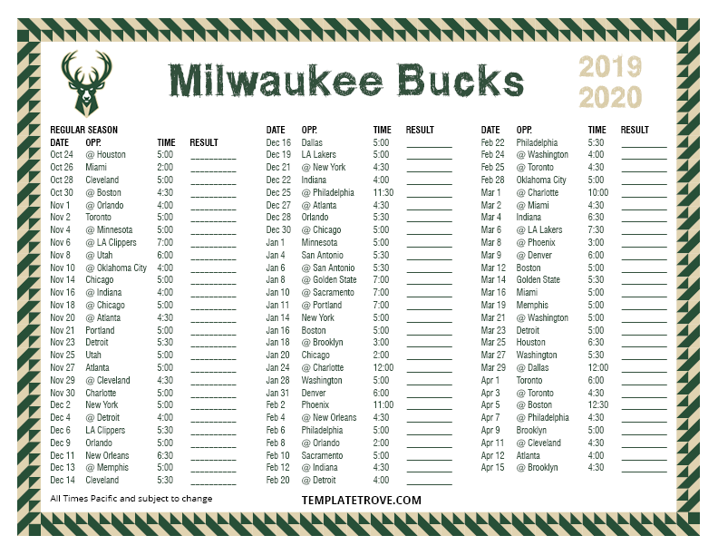Milwaukee Bucks Schedule 2022 23 Printable 2019-2020 Milwaukee Bucks Schedule