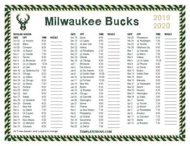 Milwaukee Bucks 2019-20 Printable Schedule