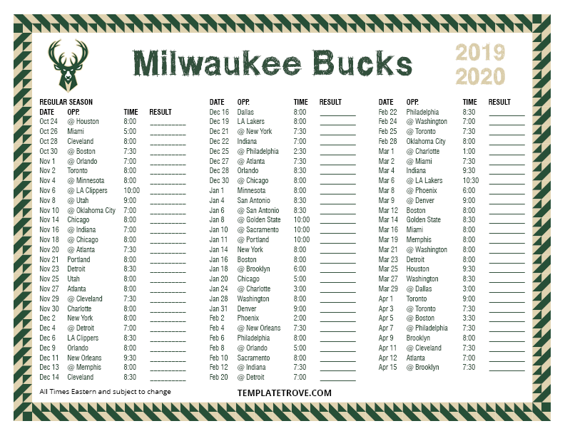 Printable 20192020 Milwaukee Bucks Schedule