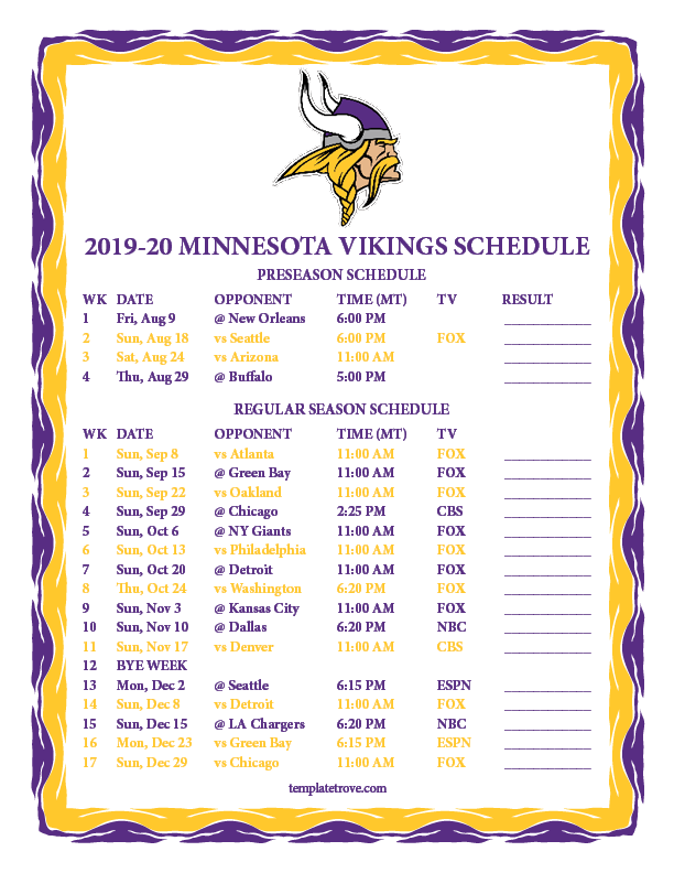 Printable 2019 2020 Minnesota Vikings Schedule