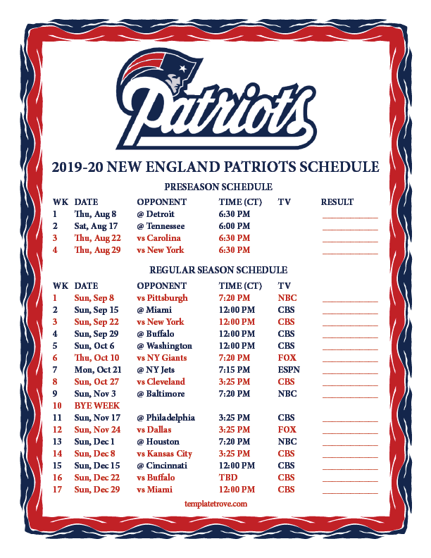 Printable 2019-2020 New England Patriots Schedule
