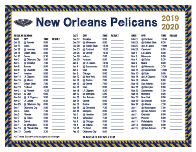 New Orleans Pelicans 2019-20 Printable Schedule