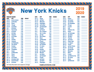New York Knicks 2019-20 Printable Schedule - Mountain Times
