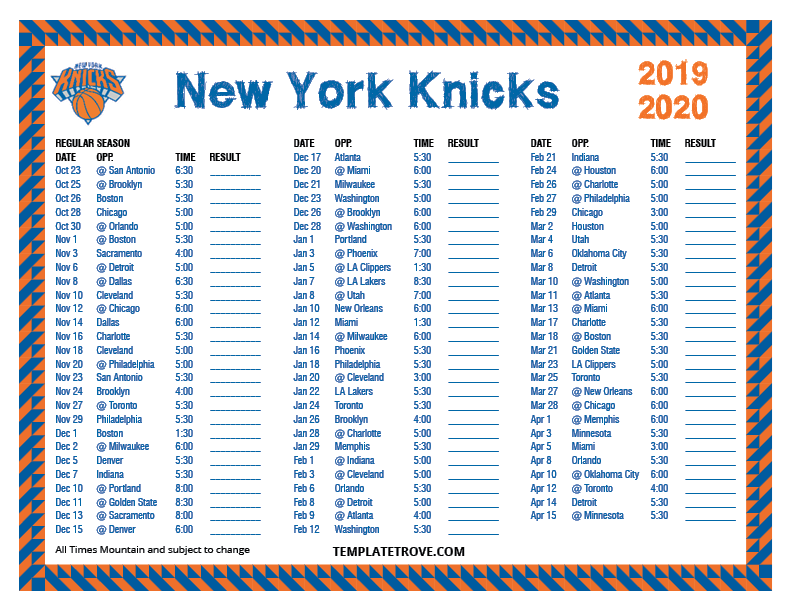 Printable 2019 2020 New York Knicks Schedule