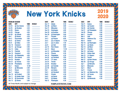 New York Knicks 2019-20 Printable Schedule - Pacific Times