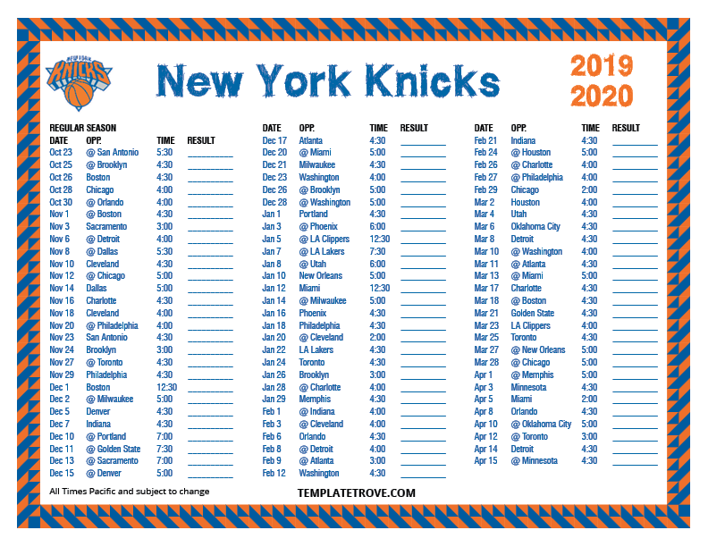 Printable 2019 2020 New York Knicks Schedule