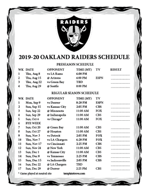 Oakland Raiders 2019-20 Printable Schedule - Mountain Times