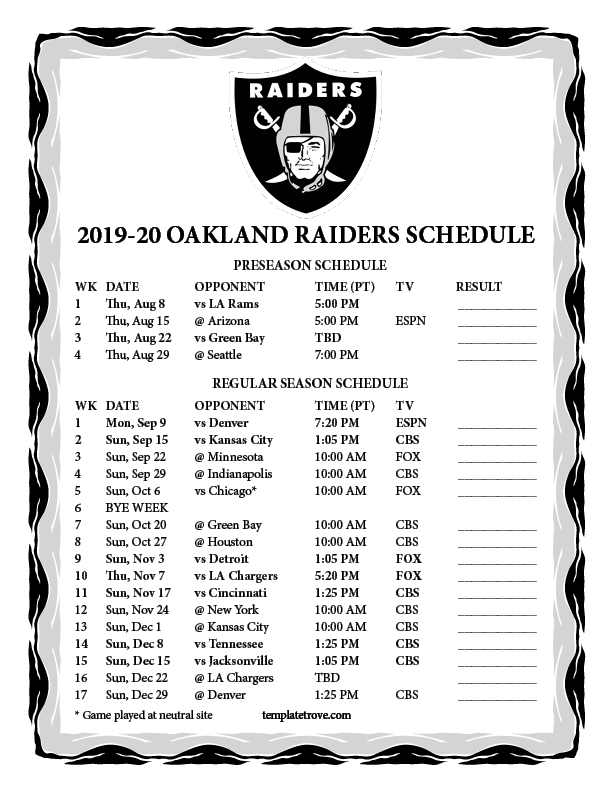 Printable 20192020 Oakland Raiders Schedule