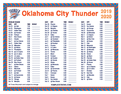 Oklahoma City Thunder 2019-20 Printable Schedule - Mountain Times