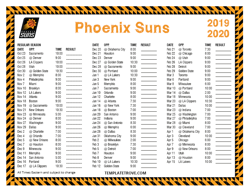 Printable Suns Schedule Printable World Holiday