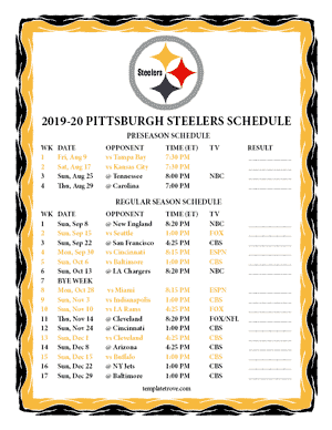 Pittsburgh Steelers 2019-20 Printable Schedule
