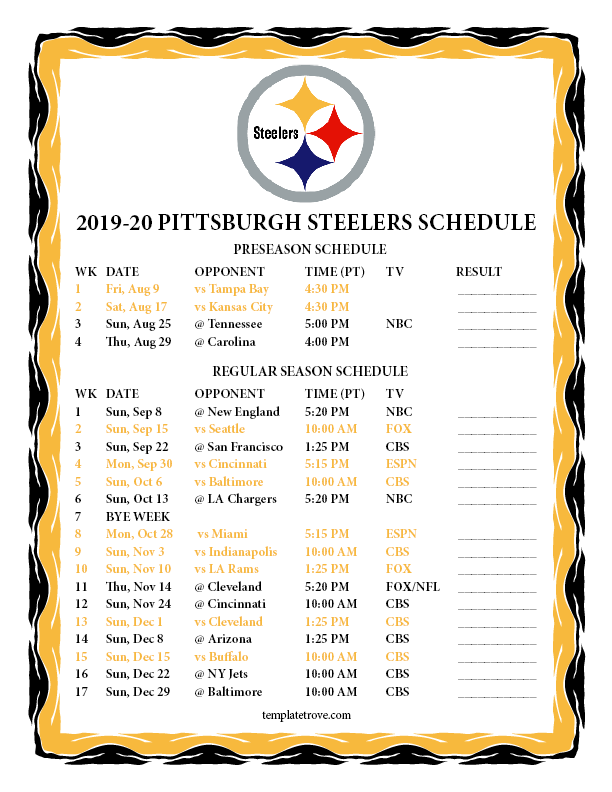 Printable 20192020 Pittsburgh Steelers Schedule