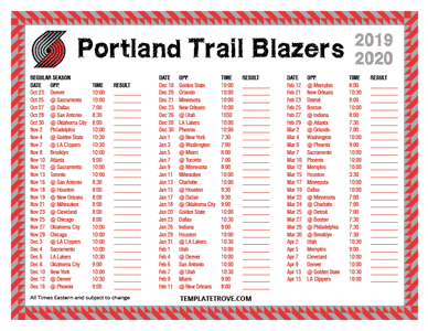 Portland Trail Blazers 2019-20 Printable Schedule