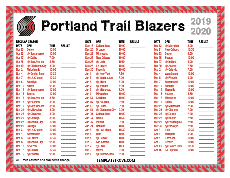 Printable 2019-2020 Portland Trail Blazers Schedule